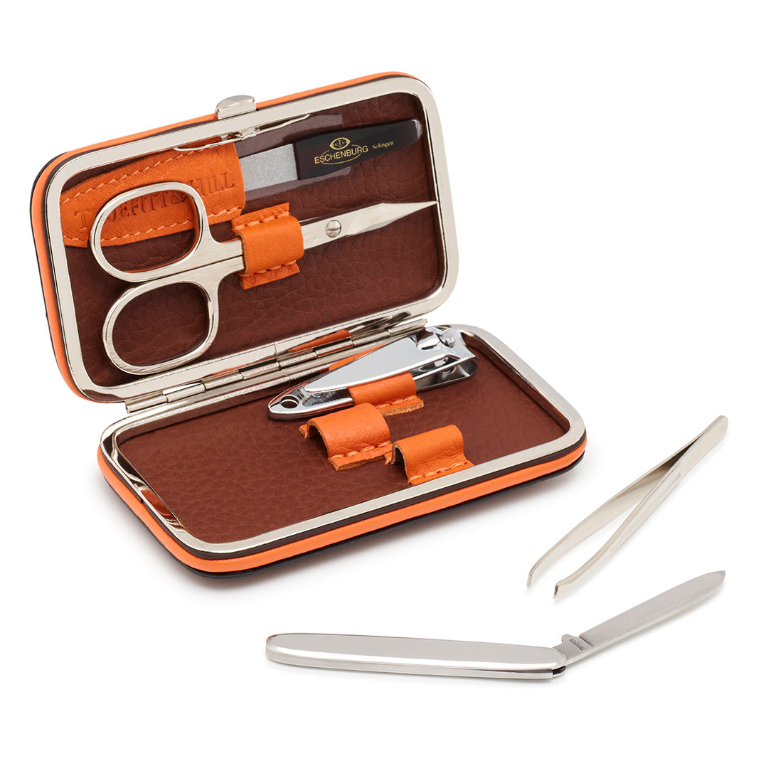 NEW Faux Crocodile and Soft Leather Medium Manicure Set - 5 Piece (Blue/Orange/Green/Tan) - Truefitt & Hill USA